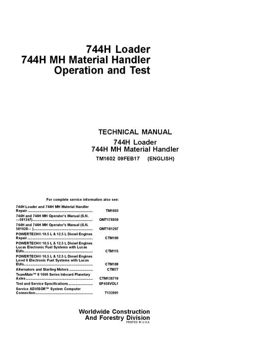 JOHN DEERE 744H 744HMH LOADER OPERATION TEST SERVICE TECHNICAL MANUAL TM1602