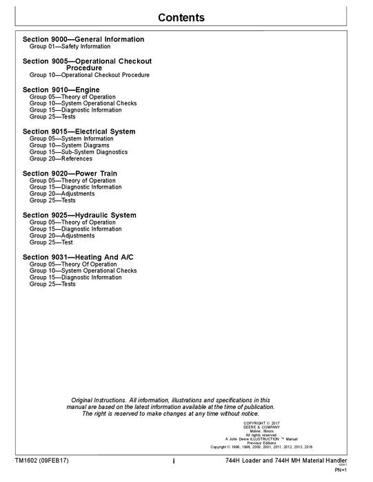 JOHN DEERE 744H 744HMH LOADER OPERATION TEST SERVICE TECHNICAL MANUAL TM1602