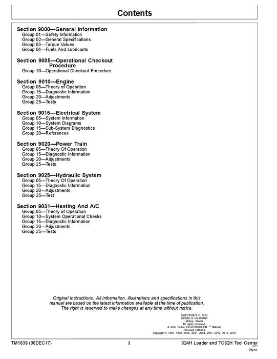 JOHN DEERE 624H TC62H TC 624HLL LOADER OPERATION TEST SERVICE MANUAL