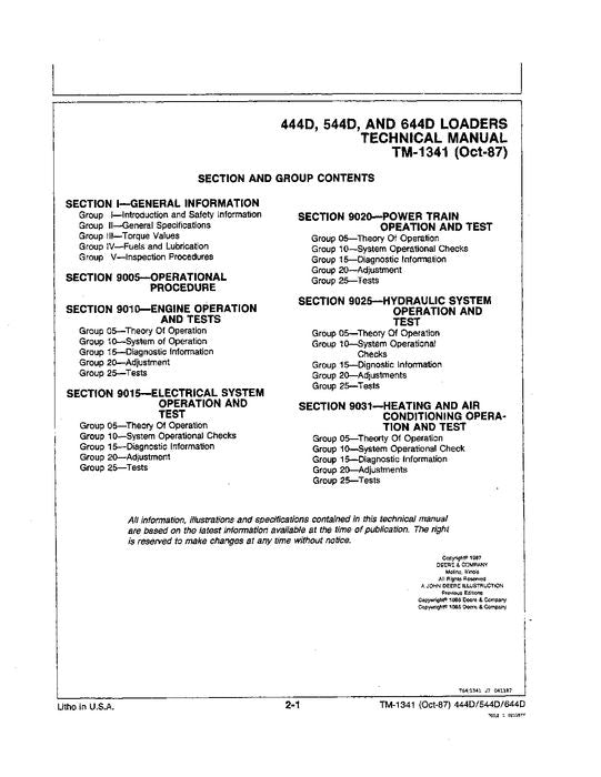 JOHN DEERE 444D 544D 644D LOADER OPERATION TEST SERVICE MANUAL TM1341OP