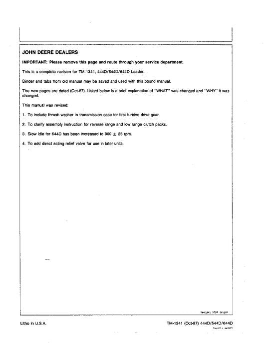 JOHN DEERE 444D 544D 644D LOADER OPERATION TEST SERVICE MANUAL TM1341OP