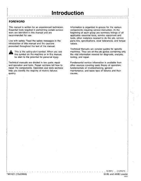 JOHN DEERE 344E 444E LOADER OPERATION TEST SERVICE TECHNICAL MANUAL TM1421