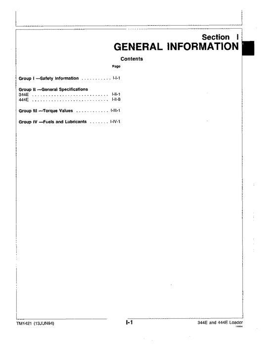 JOHN DEERE 344E 444E LOADER OPERATION TEST SERVICE TECHNICAL MANUAL TM1421