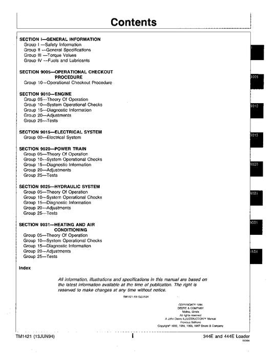 JOHN DEERE 344E 444E LOADER OPERATION TEST SERVICE TECHNICAL MANUAL TM1421