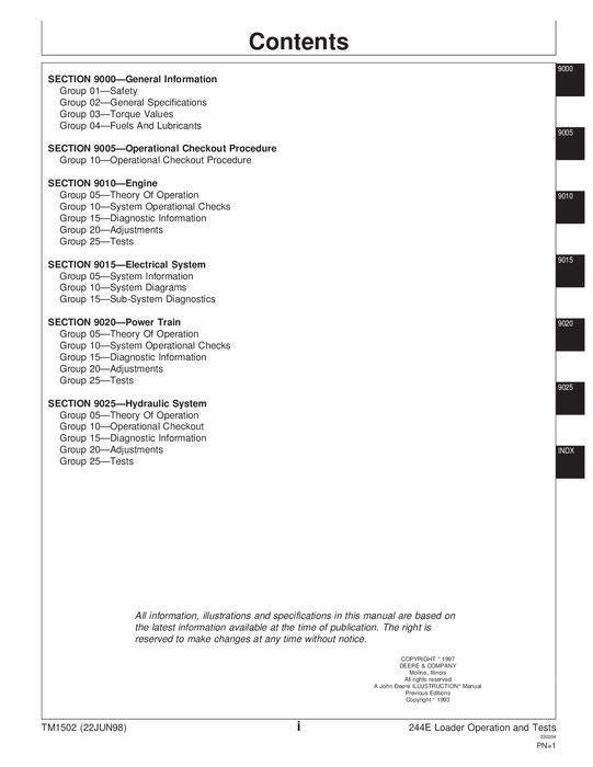 JOHN DEERE 244E LOADER OPERATION TEST SERVICE TECHNICAL MANUAL TM1502