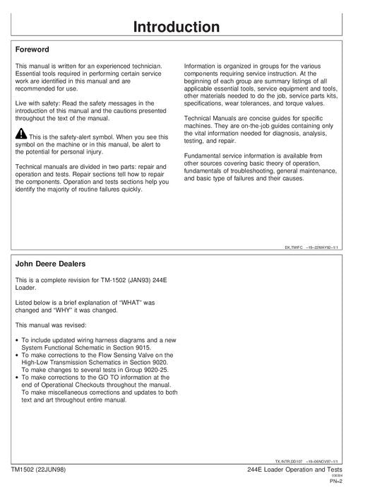 JOHN DEERE 244E LOADER OPERATION TEST SERVICE TECHNICAL MANUAL TM1502