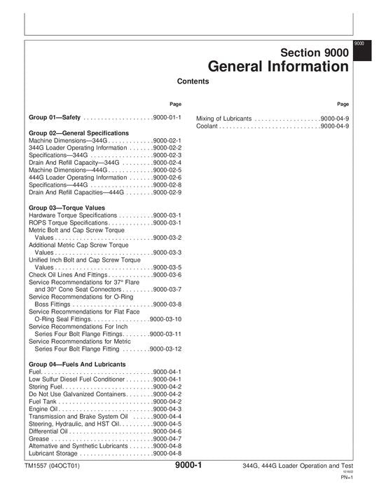 JOHN DEERE 344G 444G LOADER OPERATION TEST SERVICE TECHNICAL MANUAL TM1557