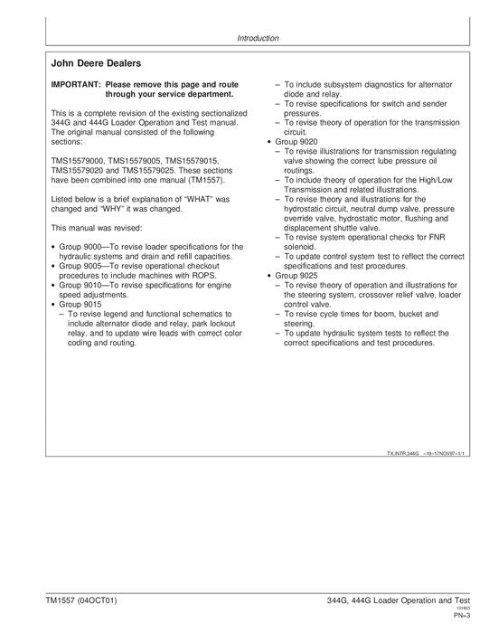 JOHN DEERE 344G 444G LOADER OPERATION TEST SERVICE TECHNICAL MANUAL TM1557