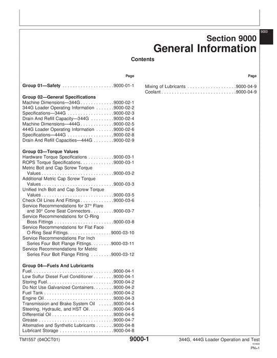 JOHN DEERE 344G 444G LOADER OPERATION TEST SERVICE TECHNICAL MANUAL TM1557