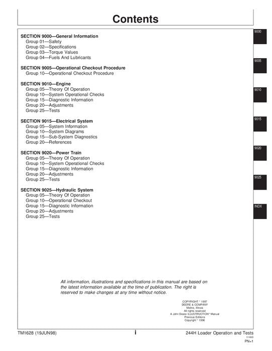 JOHN DEERE 244H LOADER OPERATION TEST SERVICE TECHNICAL MANUAL TM1628