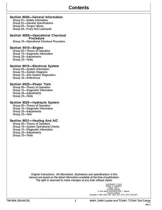 JOHN DEERE 444H 544H LOADER OPERATION TEST SERVICE TECHNICAL MANUAL TM1604