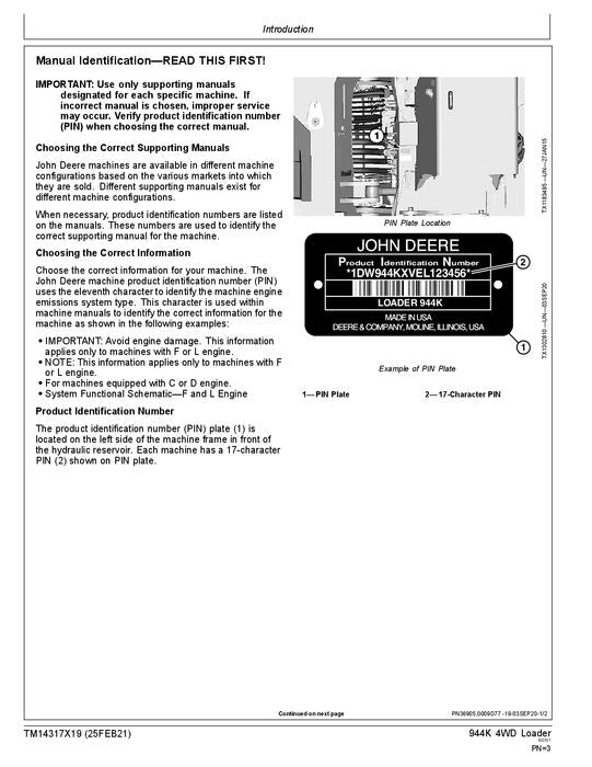 JOHN DEERE 944K LOADER OPERATION TEST SERVICE TECHNICAL MANUAL TM14317X19