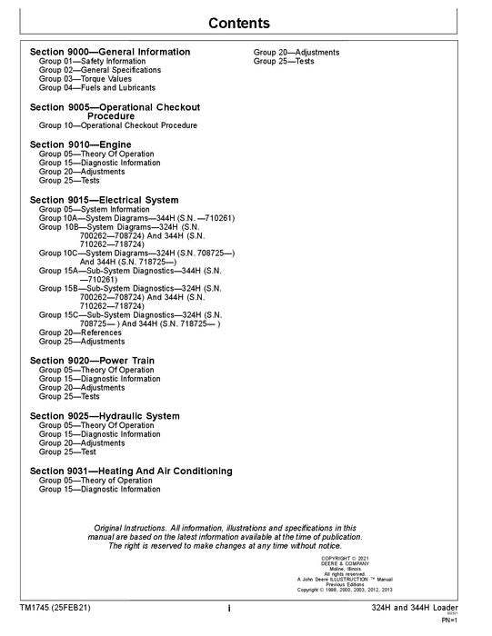 JOHN DEERE 324H 344H LOADER OPERATION TEST SERVICE TECHNICAL MANUAL TM1745