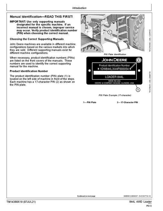 JOHN DEERE 844L LOADER OPERATION TEST SERVICE TECHNICAL MANUAL TM14368X19