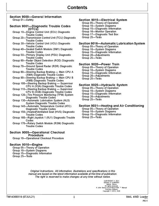 JOHN DEERE 844L LOADER OPERATION TEST SERVICE TECHNICAL MANUAL TM14368X19