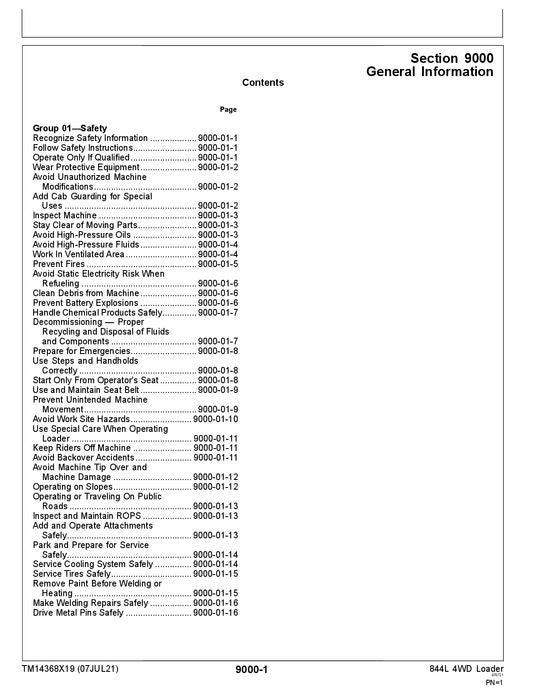 JOHN DEERE 844L LOADER OPERATION TEST SERVICE TECHNICAL MANUAL TM14368X19