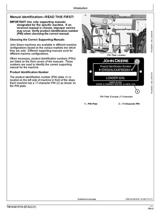 JOHN DEERE 524L LOADER OPERATION TEST SERVICE MANUAL