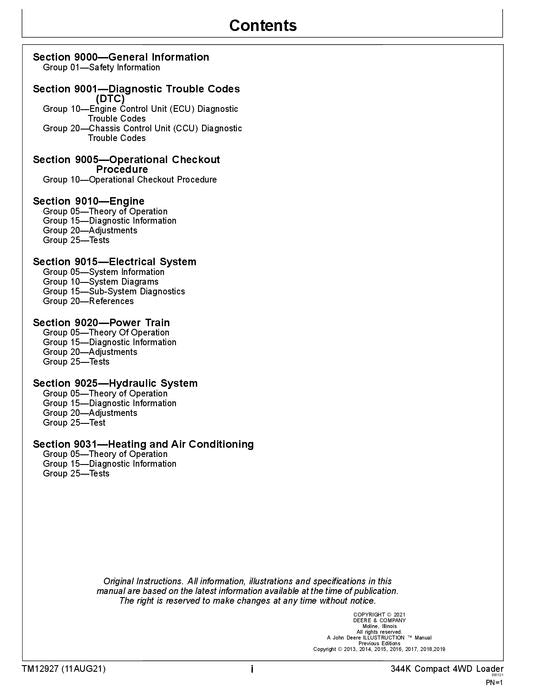 JOHN DEERE 344K LOADER OPERATION TEST SERVICE TECHNICAL MANUAL TM12927