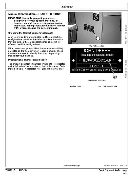 JOHN DEERE 344K LOADER OPERATION TEST SERVICE TECHNICAL MANUAL TM12927