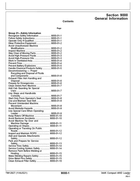 JOHN DEERE 344K LOADER OPERATION TEST SERVICE TECHNICAL MANUAL TM12927