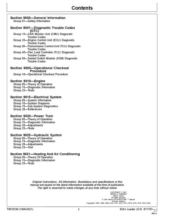 JOHN DEERE 624J LOADER OPERATION TEST SERVICE MANUAL