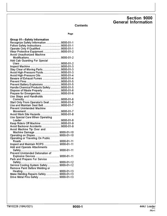 JOHN DEERE 444J LOADER OPERATION TEST SERVICE TECHNICAL MANUAL TM10228