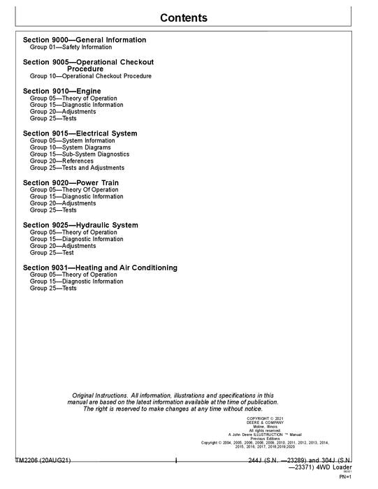 JOHN DEERE 244J 304J LADERBETRIEBSTEST SERVICEHANDBUCH