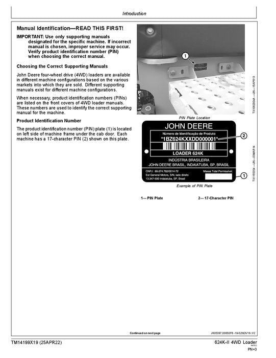 JOHN DEERE 624K SERIES II LOADER OPERATION TEST SERVICE MANUAL C001001- D001001-