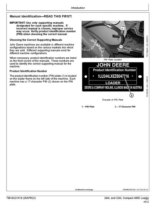 JOHN DEERE 244L 324L LOADER OPERATION TEST SERVICE MANUAL