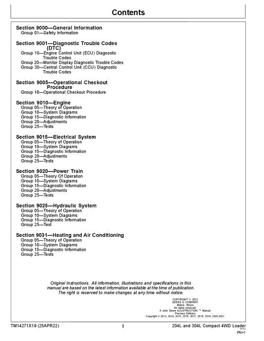 JOHN DEERE 204L 304L LOADER OPERATION TEST SERVICE MANUAL