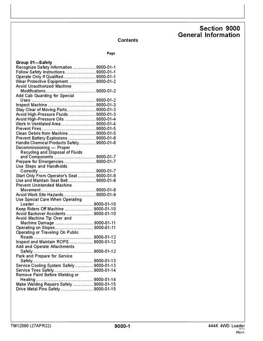 JOHN DEERE 444K LOADER OPERATION TEST SERVICE TECHNICAL MANUAL TM12090