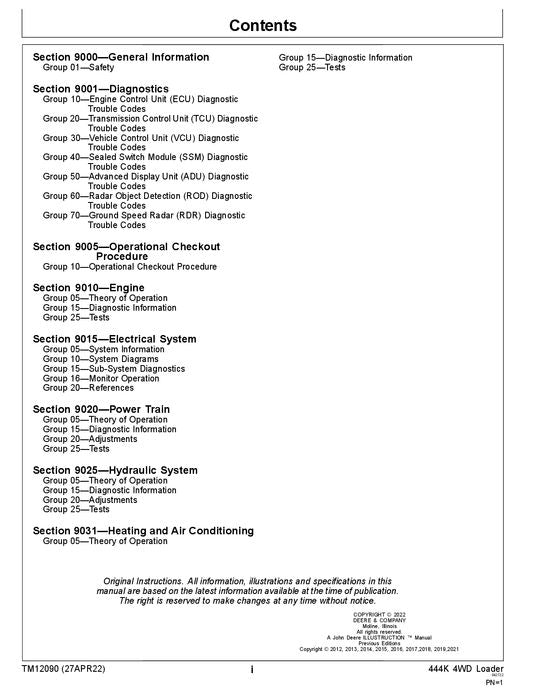 JOHN DEERE 444K LOADER OPERATION TEST SERVICE TECHNICAL MANUAL TM12090