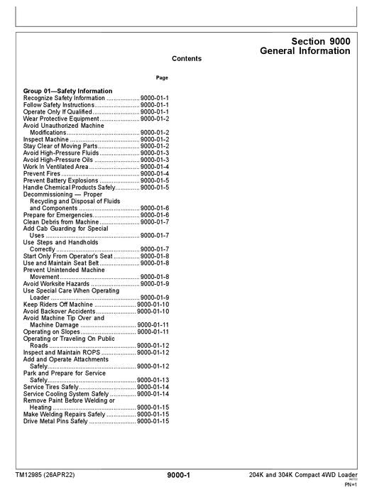 JOHN DEERE 204K 304K LOADER OPERATION TEST SERVICE MANUAL