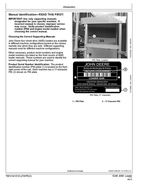 JOHN DEERE 524K LOADER OPERATION TEST SERVICE MANUAL #4