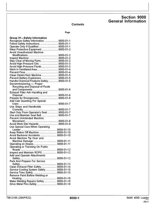 JOHN DEERE 644K LOADER OPERATION TEST SERVICE TECHNICAL MANUAL TM12105