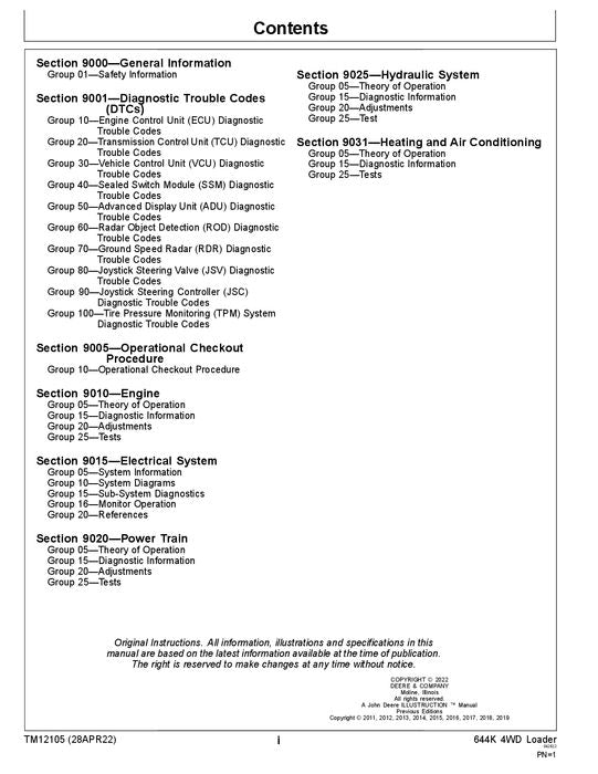 JOHN DEERE 644K LOADER OPERATION TEST SERVICE TECHNICAL MANUAL TM12105