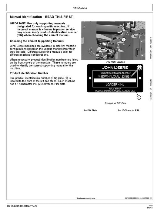 JOHN DEERE 444L LOADER OPERATION TEST SERVICE TECHNICAL MANUAL TM14408X19