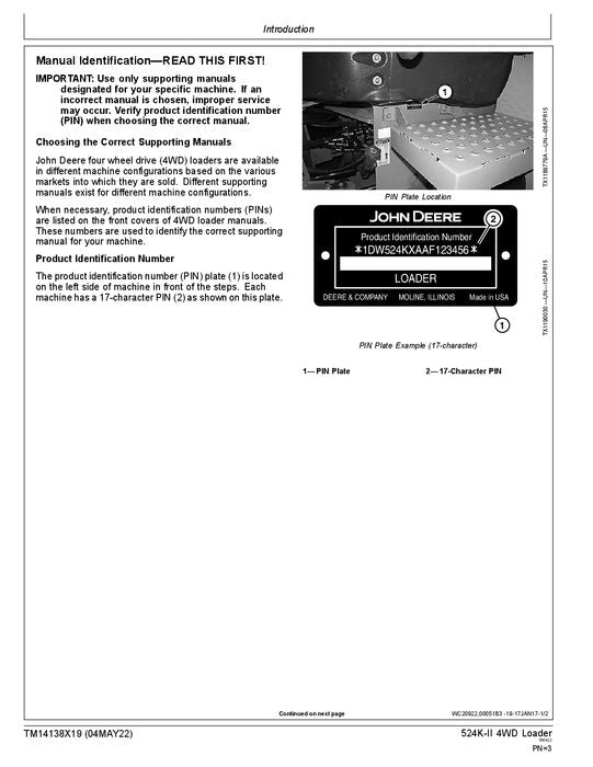 JOHN DEERE 524K SERIES II LOADER OPERATION TEST SERVICE MANUAL TM14138X19