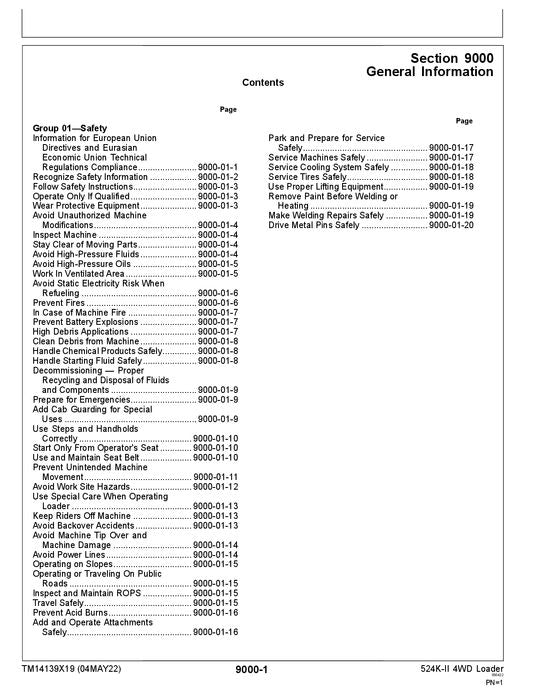 JOHN DEERE 524K LOADER OPERATION TEST SERVICE TECHNICAL MANUAL TM14139X19