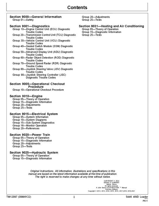 JOHN DEERE 544K LOADER OPERATION TEST SERVICE TECHNICAL MANUAL TM12097