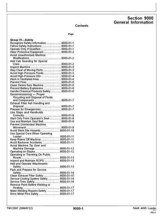 JOHN DEERE 544K LOADER OPERATION TEST SERVICE TECHNICAL MANUAL TM12097