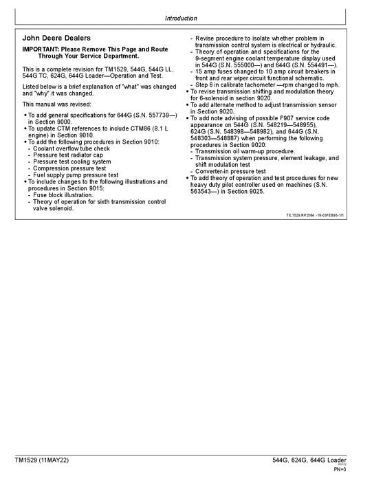 JOHN DEERE 544G 544GH 544GLL 544GTC 624G  LOADER OPERATION TEST SERVICE MANUAL