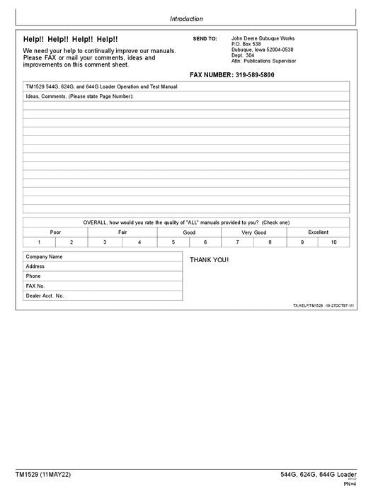 JOHN DEERE 544G 544GH 544GLL 544GTC 624G  LOADER OPERATION TEST SERVICE MANUAL