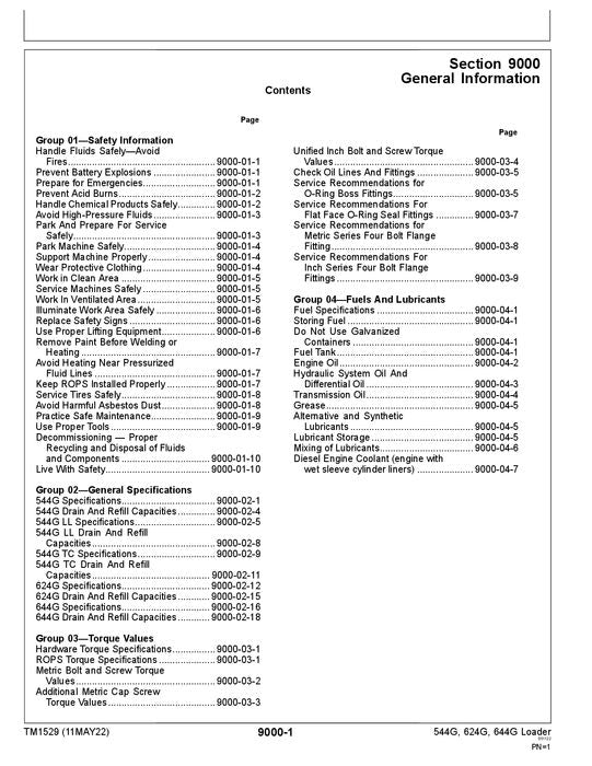 JOHN DEERE 544G 544GH 544GLL 544GTC 624G  LOADER OPERATION TEST SERVICE MANUAL