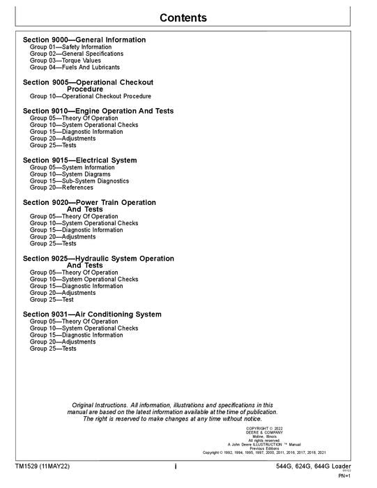 JOHN DEERE 544G 544GH 544GLL 544GTC 624G  LOADER OPERATION TEST SERVICE MANUAL