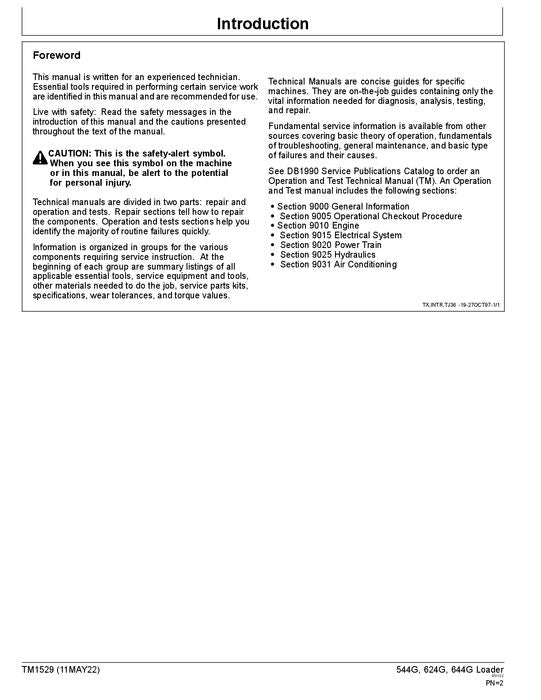 JOHN DEERE 544G 544GH 544GLL 544GTC 624G  LOADER OPERATION TEST SERVICE MANUAL