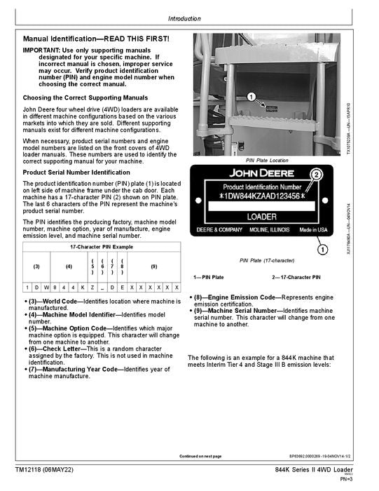 JOHN DEERE 844K LOADER OPERATION TEST SERVICE TECHNICAL MANUAL TM12118