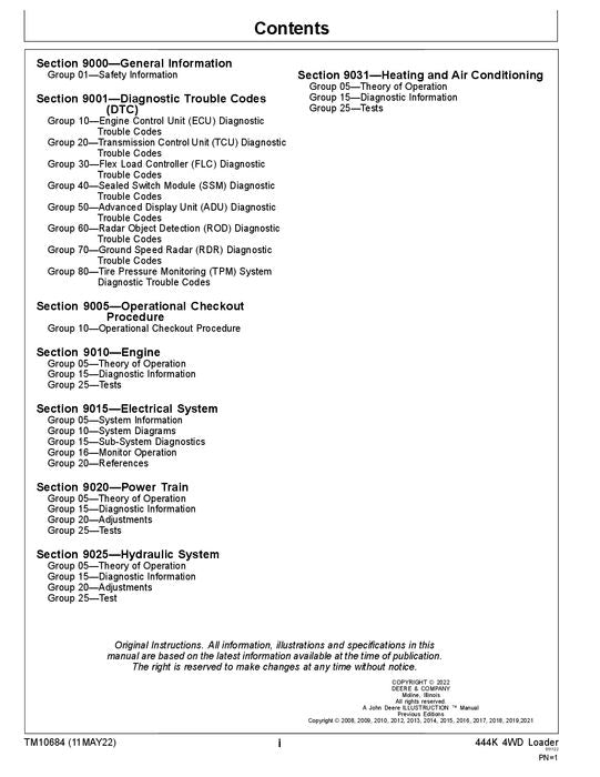 JOHN DEERE 444K LOADER OPERATION TEST SERVICE TECHNICAL MANUAL TM10684