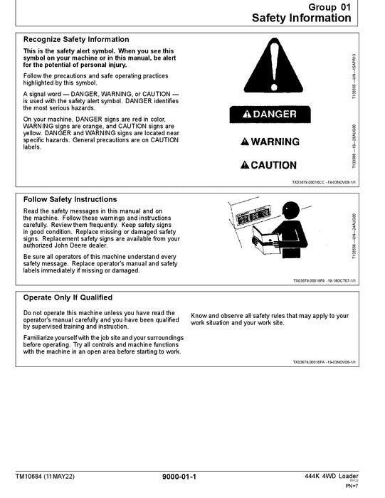 JOHN DEERE 444K LOADER OPERATION TEST SERVICE TECHNICAL MANUAL TM10684