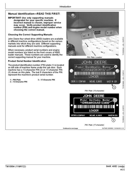 JOHN DEERE 644K LOADER OPERATION TEST SERVICE TECHNICAL MANUAL TM10694